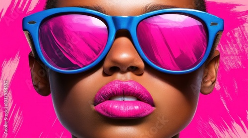 The individual strikes a confident pose with striking blue sunglasses reflecting light, accentuating bold pink lips, all set against a vivid pink backdrop that enhances the overall vibrant look