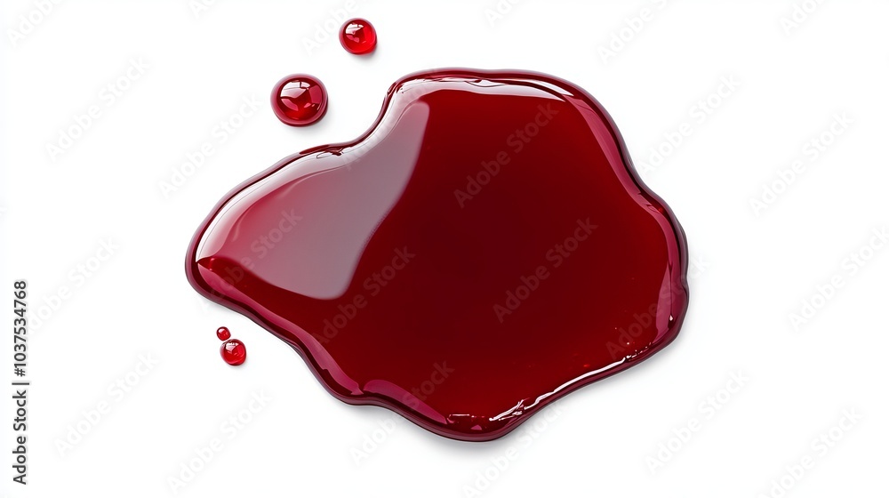 Fototapeta premium Spilled Red Wine Puddle with Droplets: Top View of Red Wine Stain Isolated on White Background with Clipping Path