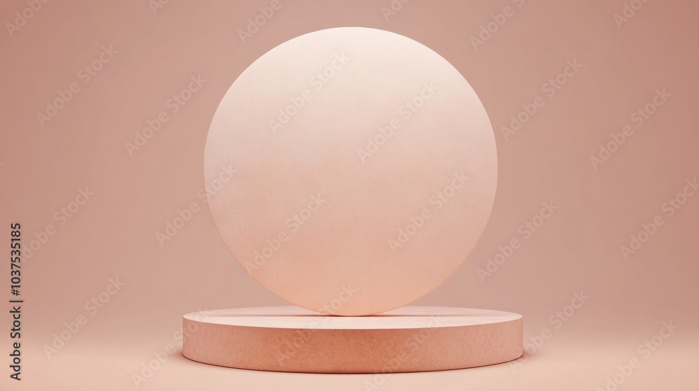 A smooth, light-colored sphere is positioned on a circular pedestal, creating a balanced and harmonious display against a warm pastel background, emphasizing simplicity and elegance A smooth, light-colored sphere is positioned on a circular pedestal, creating a balanced and harmonious display against a warm pastel background, emphasizing simplicity and elegance