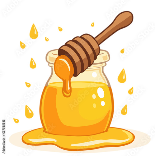 Golden honey jar with wooden dipper, vector illustration