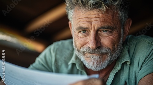 The man, sporting a gray beard and wearing a light green shirt, sits in a relaxed position as he reads a document, showcasing a thoughtful expression in a tranquil outdoor environment