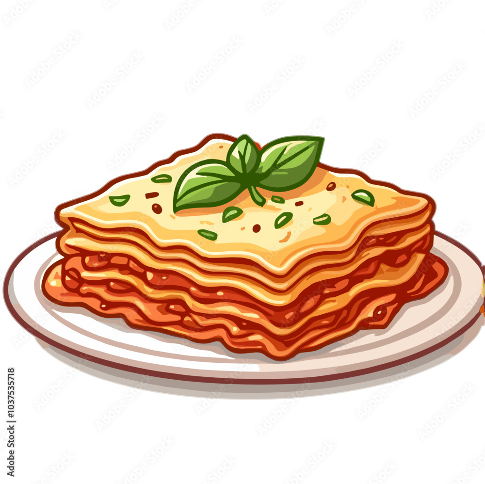 Classic lasagna with basil garnish, vector illustration, Italian dish Classic lasagna with basil garnish, vector illustration, Italian dish