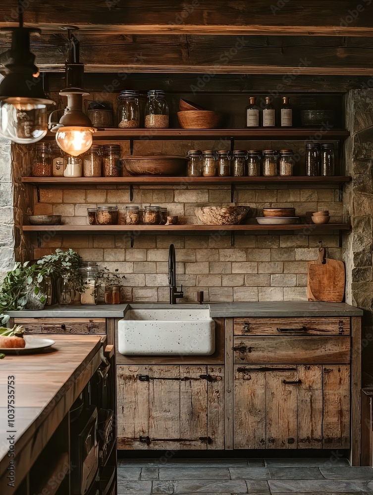 Rustic kitchen featuring wooden cabinets, stone countertop, exposed shelving, and farmhouse sink, offering a cozy and traditional aesthetic. Rustic kitchen featuring wooden cabinets, stone countertop, exposed shelving, and farmhouse sink, offering a cozy and traditional aesthetic.