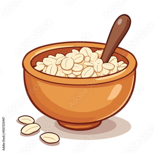 Vector illustration of oatmeal in orange bowl with wooden spoon, healthy breakfast
