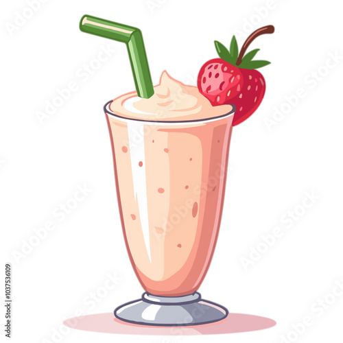 Vector image of fruit smoothie with strawberry and straw in glass