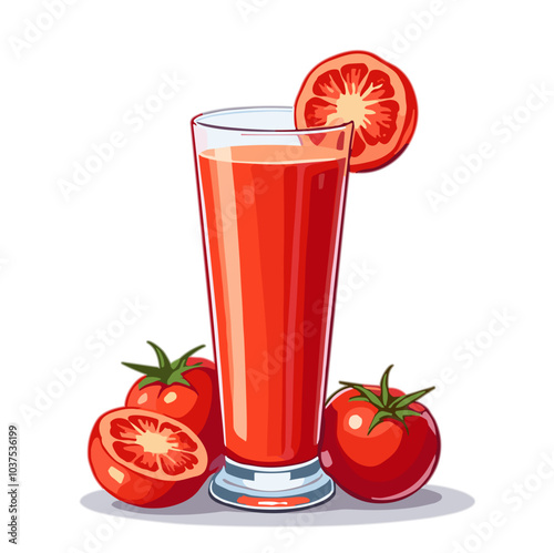 Fresh tomato juice in glass with slice and whole tomatoes, vector illustration, healthy drink concept