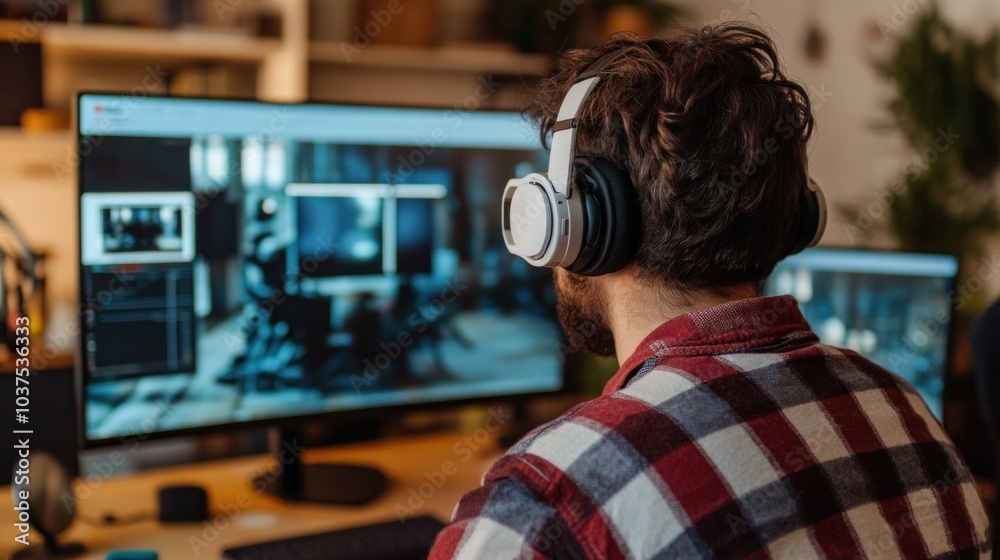 A person is engrossed in tasks at a home office, working late at night with headphones on, surrounded by warm lighting and multiple computer monitors for enhanced focus A person is engrossed in tasks at a home office, working late at night with headphones on, surrounded by warm lighting and multiple computer monitors for enhanced focus