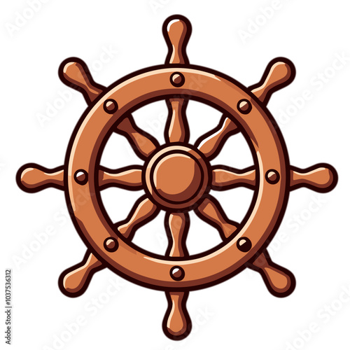 Ornate wooden ship wheel in nautical style on white background