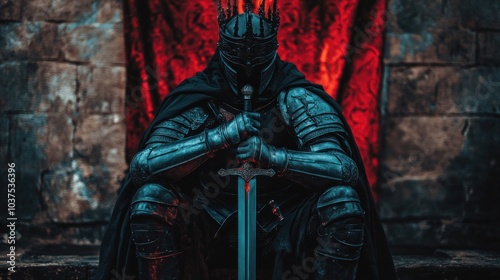 A heavily armored knight rests on a majestic throne within an ancient castle. The red and black backdrop creates a dramatic atmosphere as he grips his sword, embodying strength and authority