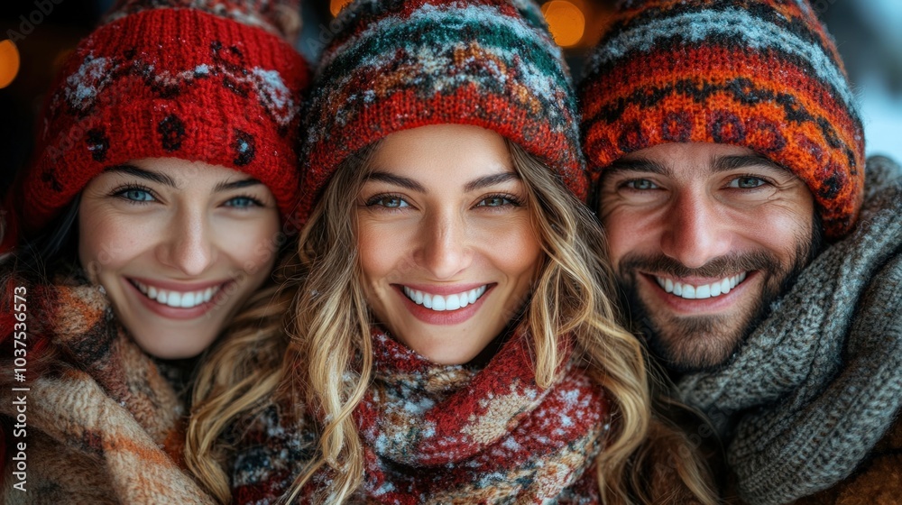 Three friends are bundled up in colorful winter hats and scarves, smiling joyfully together against a backdrop of falling snow, sharing a moment of warmth and camaraderie Three friends are bundled up in colorful winter hats and scarves, smiling joyfully together against a backdrop of falling snow, sharing a moment of warmth and camaraderie