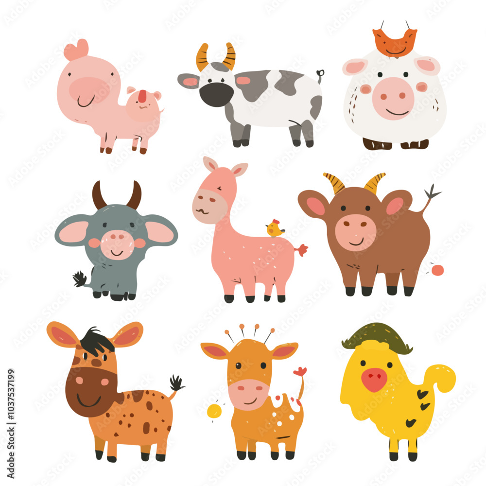 Vector Image of Fun Farm animals, isolated on a white background, Farm animals vector Vector Image of Fun Farm animals, isolated on a white background, Farm animals vector