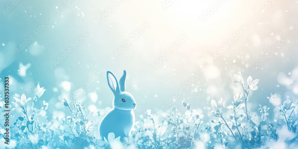 Obraz premium Rabbit is standing in a field of flowers. The sky is blue and the sun is shining brightly. The rabbit is looking to the right. Easter card