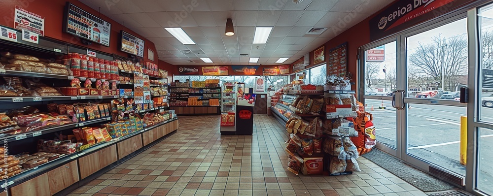 A brightly lit convenience store interior with neatly arranged shelves stocked with various food and drink products, providing a welcoming atmosphere for shoppers