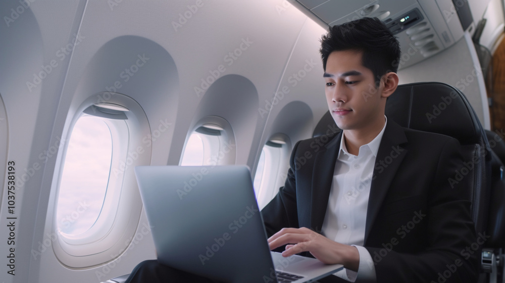A young man of Asian appearance is sitting on a plane and working on a laptop. A young man of Asian appearance is sitting on a plane and working on a laptop.
