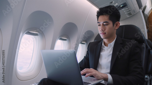 A young man of Asian appearance is sitting on a plane and working on a laptop.