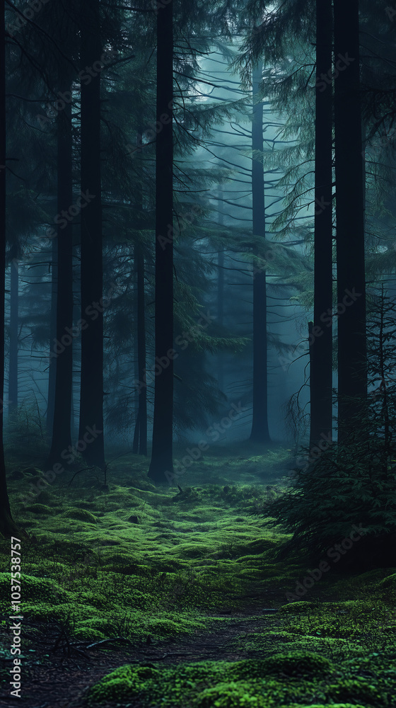 Obraz premium Dark forest, tall trees, mossy ground, mist in the air