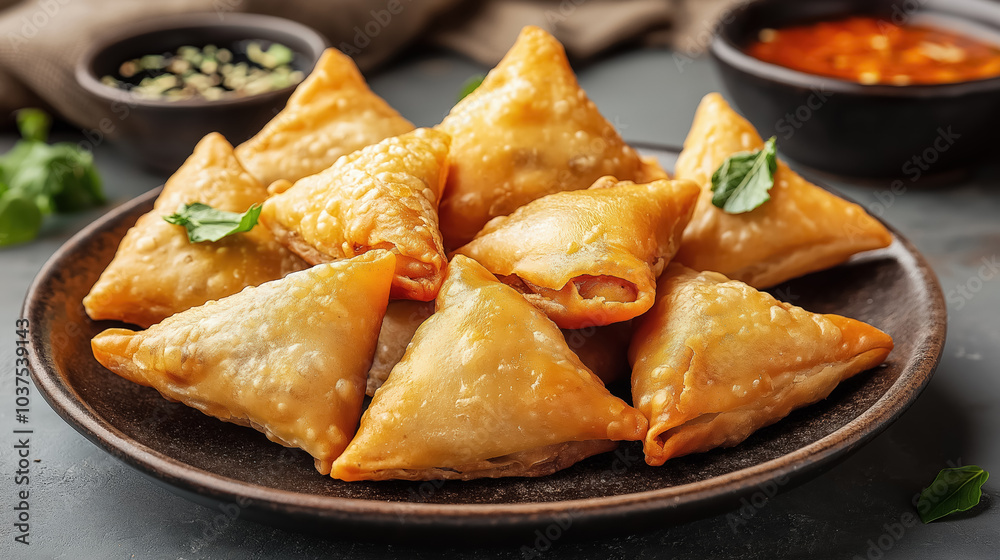 Crispy samosas with spicy dipping sauce on rustic plate Crispy samosas with spicy dipping sauce on rustic plate