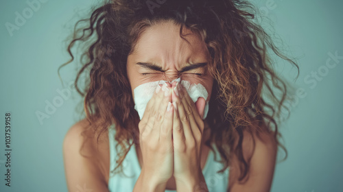 Woman sneezing into tissue with curly hair in soft lighting photo