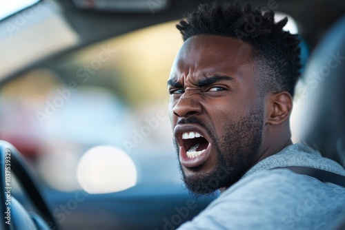 Side view of an angry black man driving a car, Generative AI