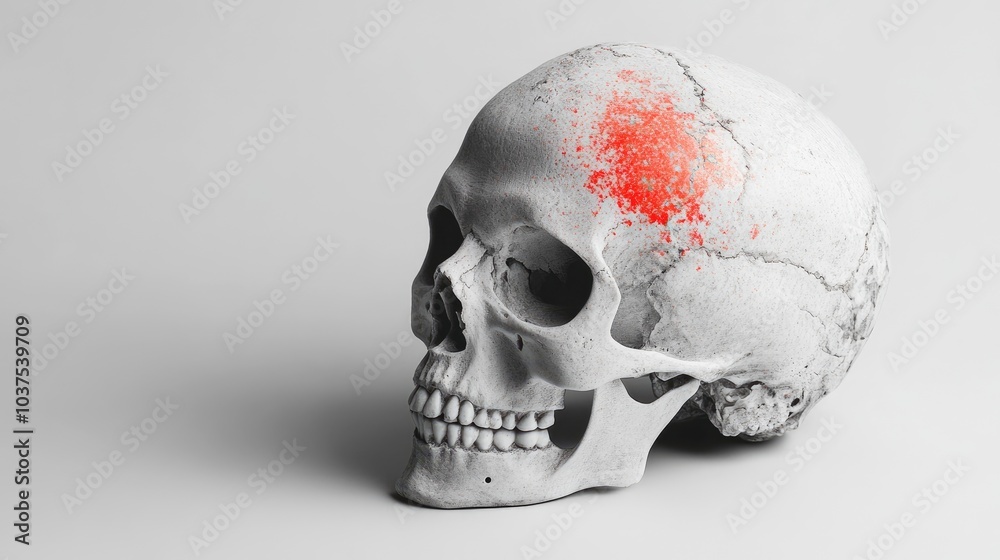 Headache concept with a skull image, red zone on the forehead representing pain, gray skull outline, and neutral light gray background for a medical theme.
