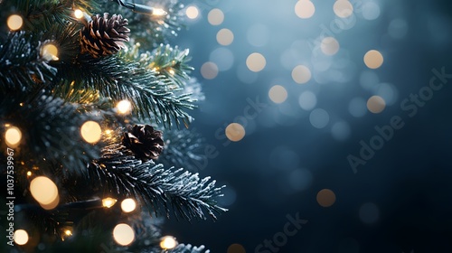 Close-up of a Decorated Christmas Tree Branch with Pine Cones and Lights