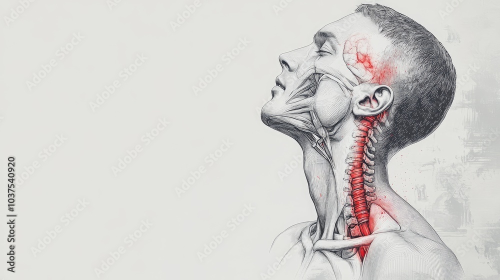Fototapeta premium Side view of a man neck and shoulders with red pain areas on the cervical spine, gray outline, and light gray background with space for text.