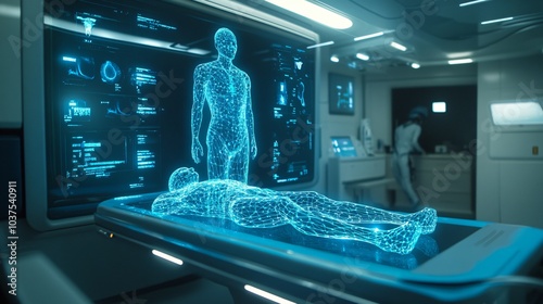Futuristic medical examination with a glowing wireframe human model lying on a table.