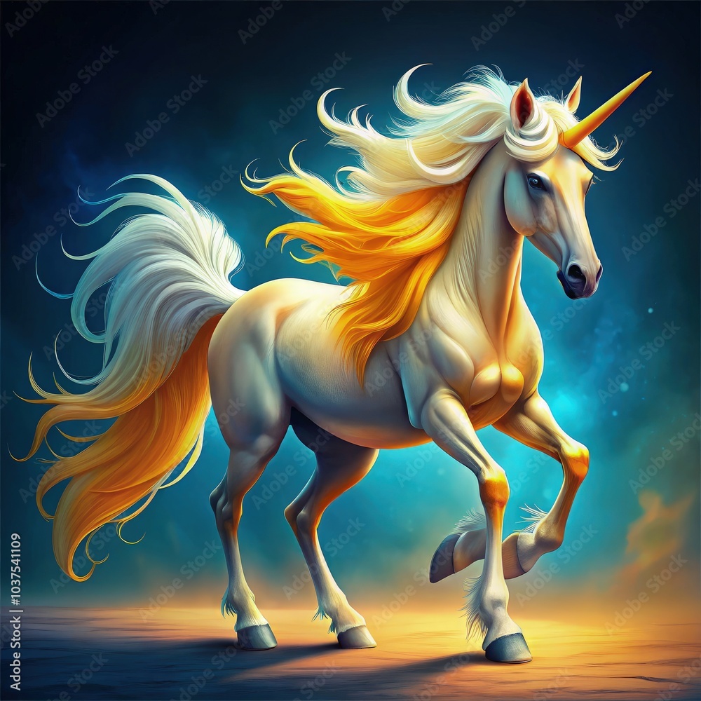 Majestic unicorn with white mane prancing gracefully in a mystical landscape. Generative AI Majestic unicorn with white mane prancing gracefully in a mystical landscape. Generative AI