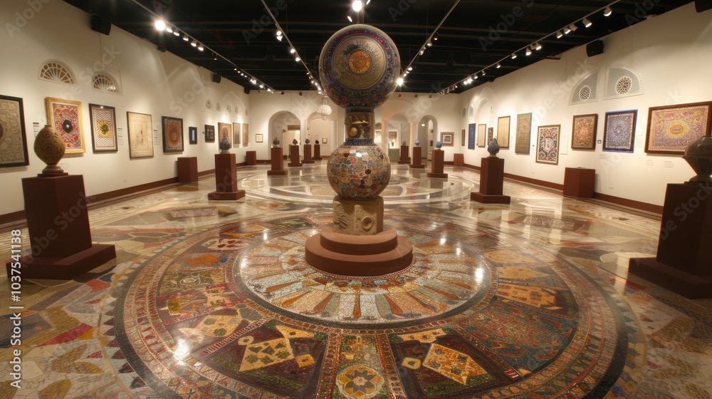 Obraz premium A vibrant, intricately designed art gallery showcasing an array of mosaic artworks and sculptures, capturing a fusion of cultural and artistic heritage