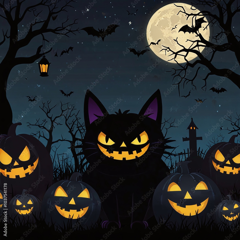 Halloween Black Cat and full moon with bats Illustration, perfect for spooky Halloween decor, postcards, invitations, merchandise, and social media graphics Halloween Black Cat and full moon with bats Illustration, perfect for spooky Halloween decor, postcards, invitations, merchandise, and social media graphics