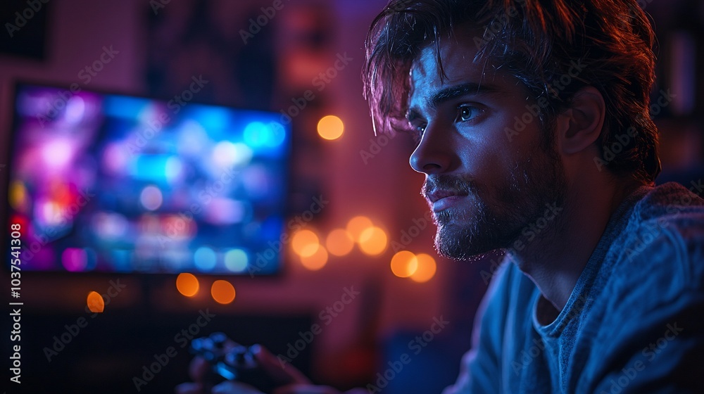 A young man playing video games in a dimly lit room with a TV in the background. A young man playing video games in a dimly lit room with a TV in the background.