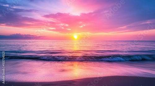 Serene Sunset Seascape: A breathtaking sunset paints the sky in vibrant hues of pink and purple, casting a warm glow on the tranquil ocean waves. The scene evokes a sense of peace, tranquility.