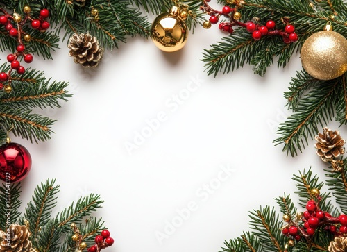 Christmas and New Year background with white space for text, golden decorations, red berries, green pine branches, and golden toys on a light grey paper texture background. Christmas card concept. 