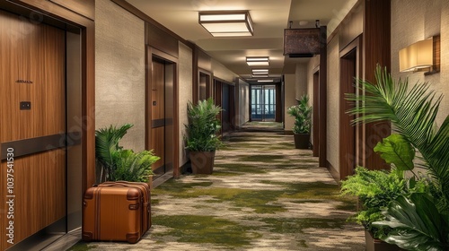 Upscale hotel corridor with wood accents, green carpet, and open elevator doors. Luggage and greenery highlight attention to guest comfort.