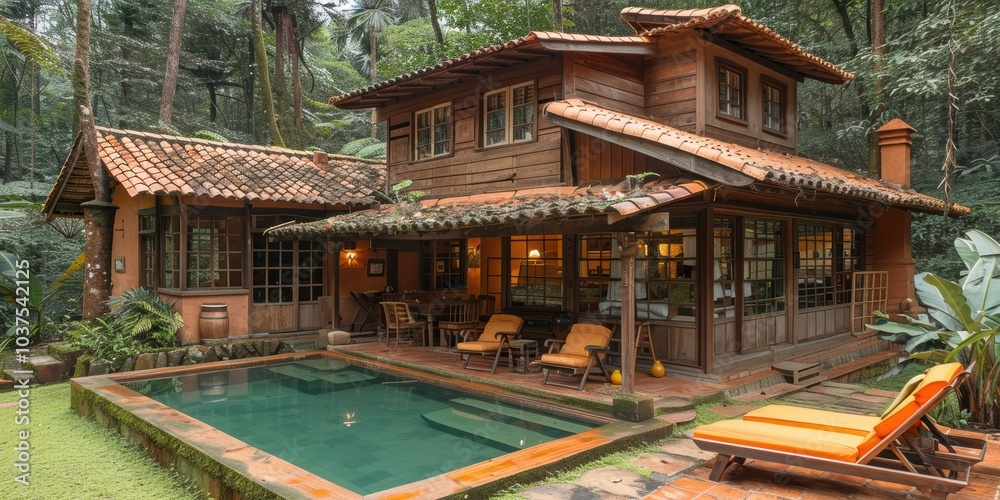 A beautiful rustic cabin nestled in a lush forest setting features a cozy swimming pool and inviting outdoor seating area perfect for relaxation A beautiful rustic cabin nestled in a lush forest setting features a cozy swimming pool and inviting outdoor seating area perfect for relaxation