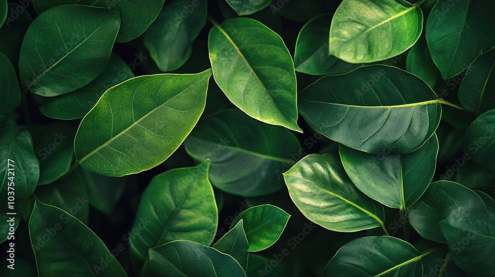 Fototapeta premium Lush Green Foliage: A vibrant tapestry of emerald green leaves, bathed in soft light, creates a sense of tranquility and renewal.
