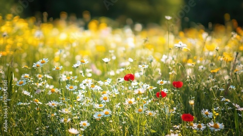 Wildflower Meadow: A field of vibrant daisies and poppies basks in the golden glow of summer sunlight, creating a picturesque scene of natural beauty and serenity. 