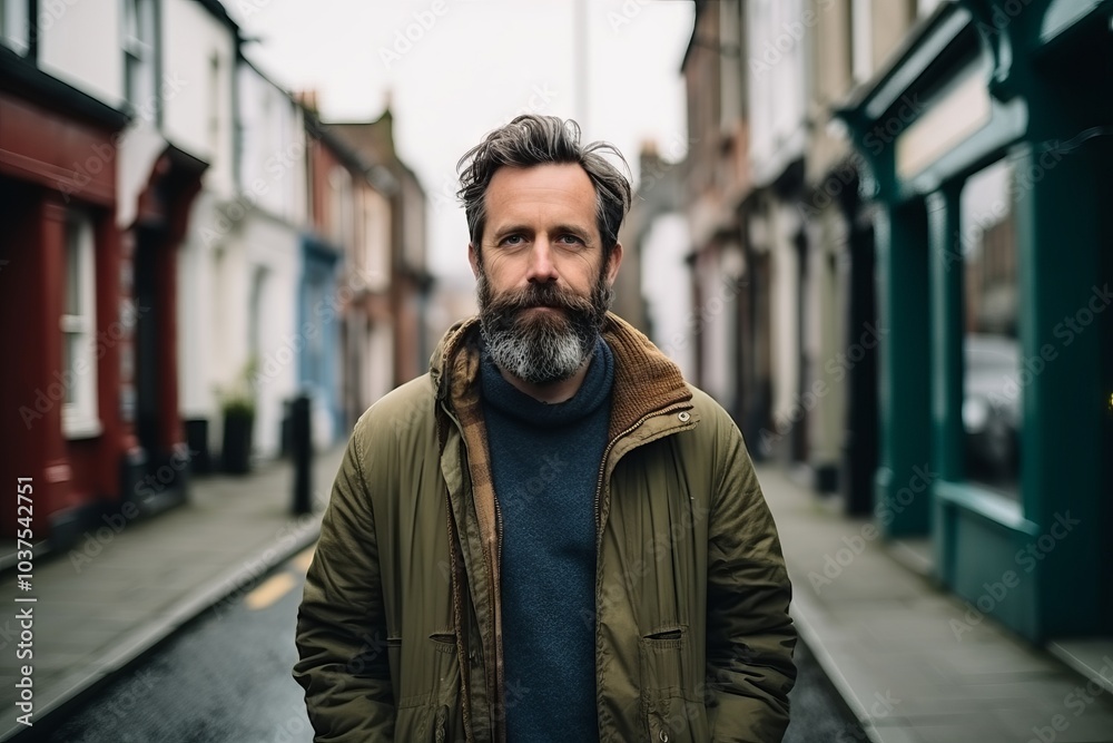 Portrait of a handsome bearded man with long grey hair and beard, wearing a coat, standing in a narrow street, looking at the camera. Portrait of a handsome bearded man with long grey hair and beard, wearing a coat, standing in a narrow street, looking at the camera.