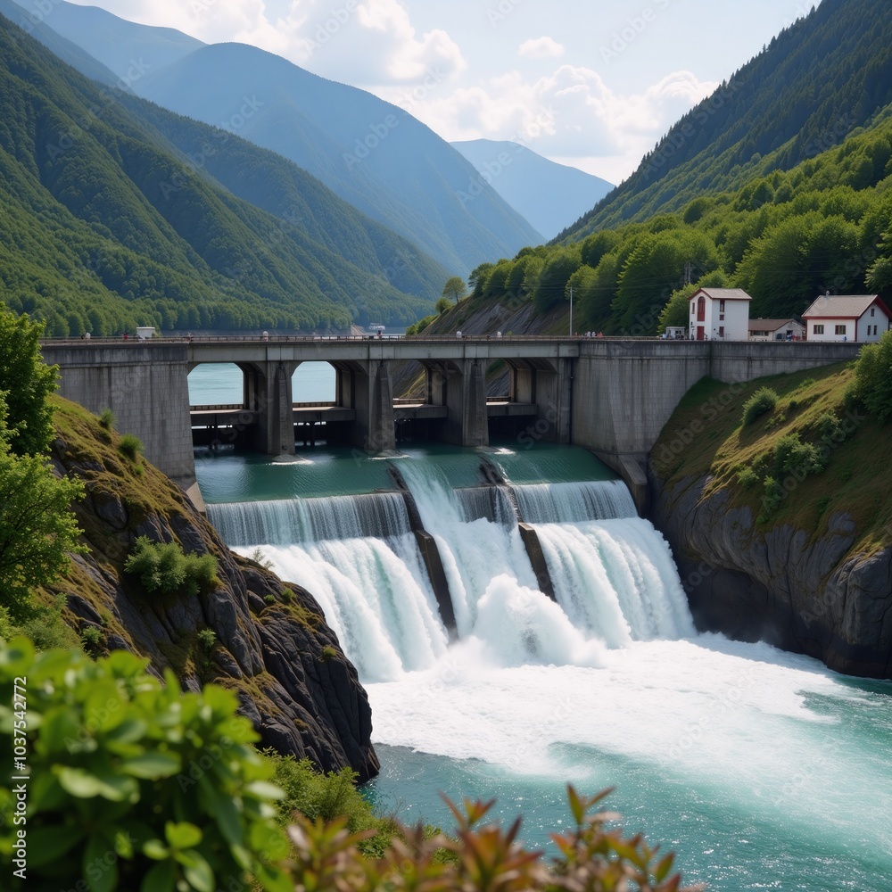 Serene illustration of a hydroelectric dam on a flowing river Serene illustration of a hydroelectric dam on a flowing river