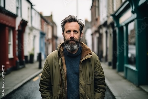 Portrait of a handsome bearded man with long grey hair and beard, wearing a coat, standing in a narrow street, looking at the camera.