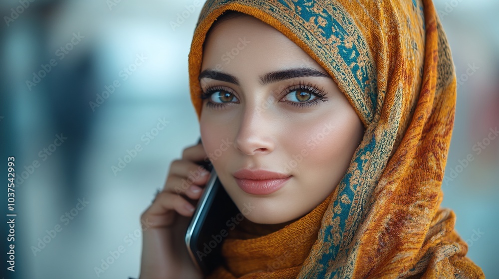 A woman in a colorful hijab talking on her phone, showcasing a modern lifestyle. A woman in a colorful hijab talking on her phone, showcasing a modern lifestyle.