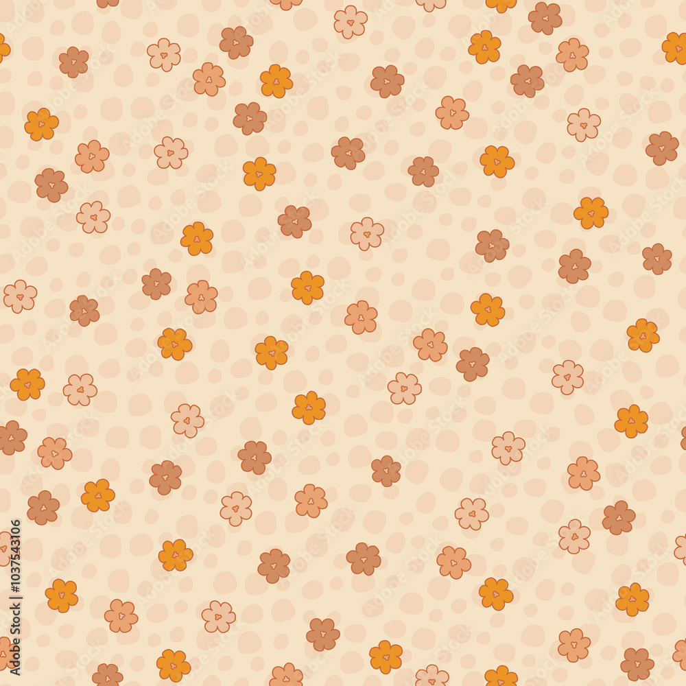Groovy Flowers and Leaves Seamless Pattern. Floral Background in 1970s Hippie Retro Style for Print on Textile, Wrapping Paper, Web Design and Social Media. Boho Brown Pink and Nude Color.