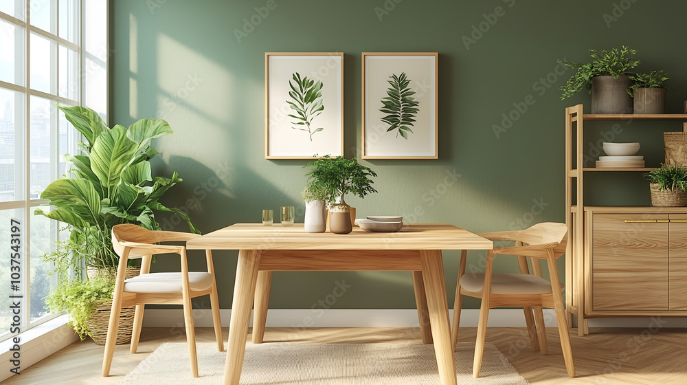 Dining Room Interior with Olive Green Walls and Light Wood Furniture, Modern and Cozy Home Design