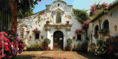 Wallpaper Mural Stunning historical structure adorned with vibrant cascading floral arrangements creating a picturesque and timeless scene of cultural significance Torontodigital.ca