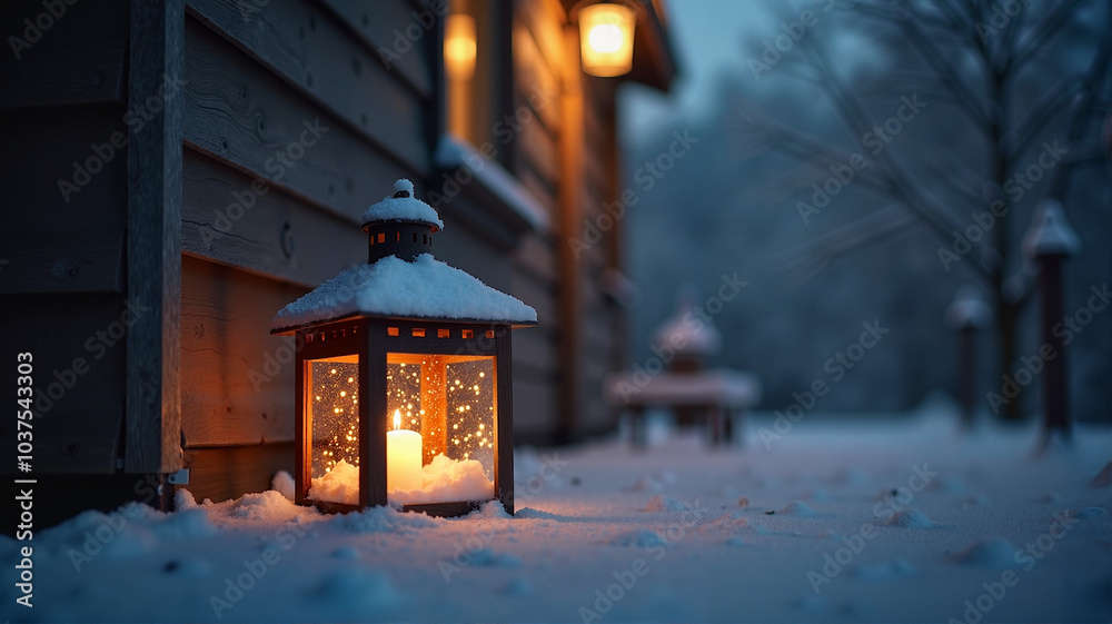 Snowy lantern with candle glowing warmly outdoors in winter evening setting Snowy lantern with candle glowing warmly outdoors in winter evening setting
