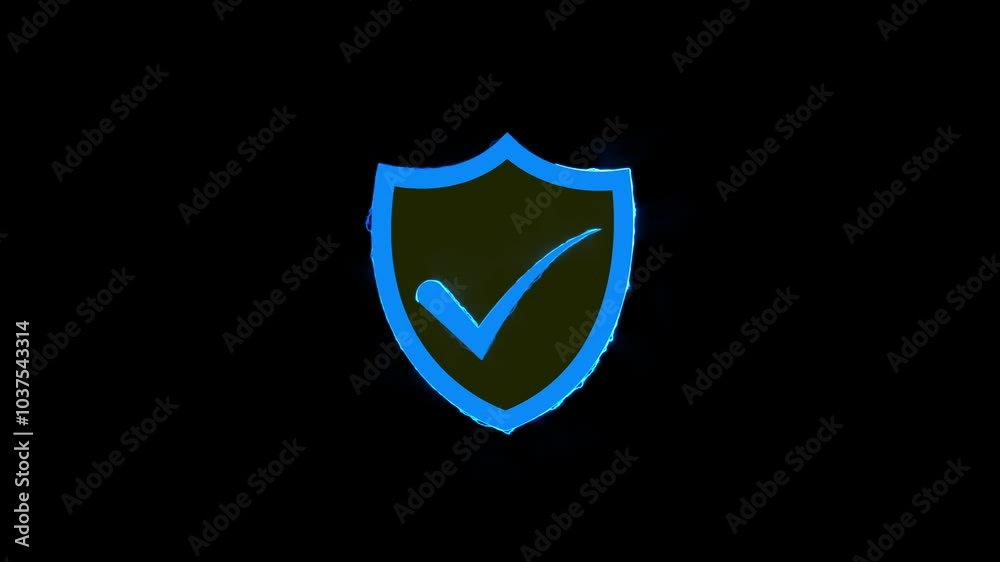 neon check mark icon animation on black background. Shield with check mark icon isolated.