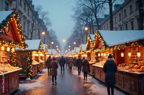 Festive Christmas market in snowy evening with lights and people shopping