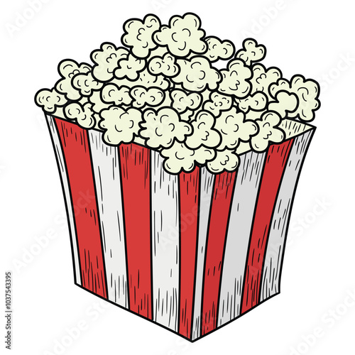 Hand drawn cartoon popcorn bucket on white background.