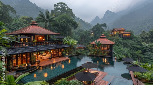 An enchanting tropical mountain retreat with luxurious wooden villas nestled in lush greenery, featuring serene views and tranquil pool settings