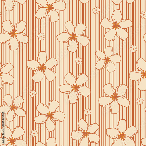 Groovy Flowers and Leaves Seamless Pattern. Floral Background in 1970s Hippie Retro Style for Print on Textile, Wrapping Paper, Web Design and Social Media. Boho Brown Pink and Nude Color.